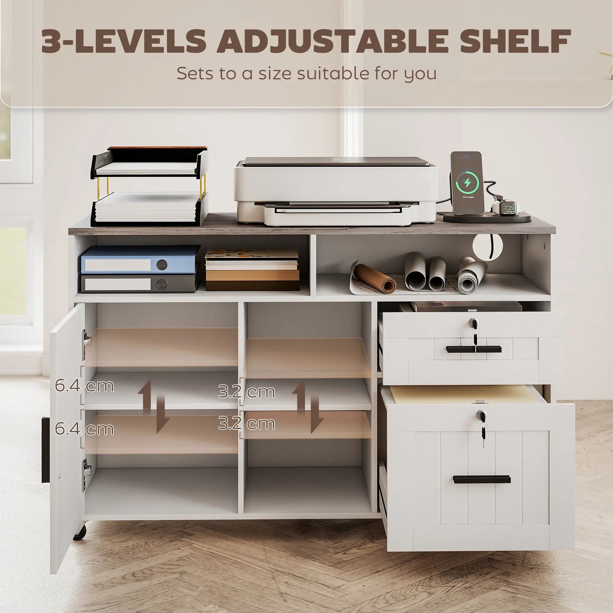 Mobile Printer Stand with Charging Station, Locking Filing Cabinet for A4 and Letter Size, White Office Cabinets & Cupboards at Gallery Canada