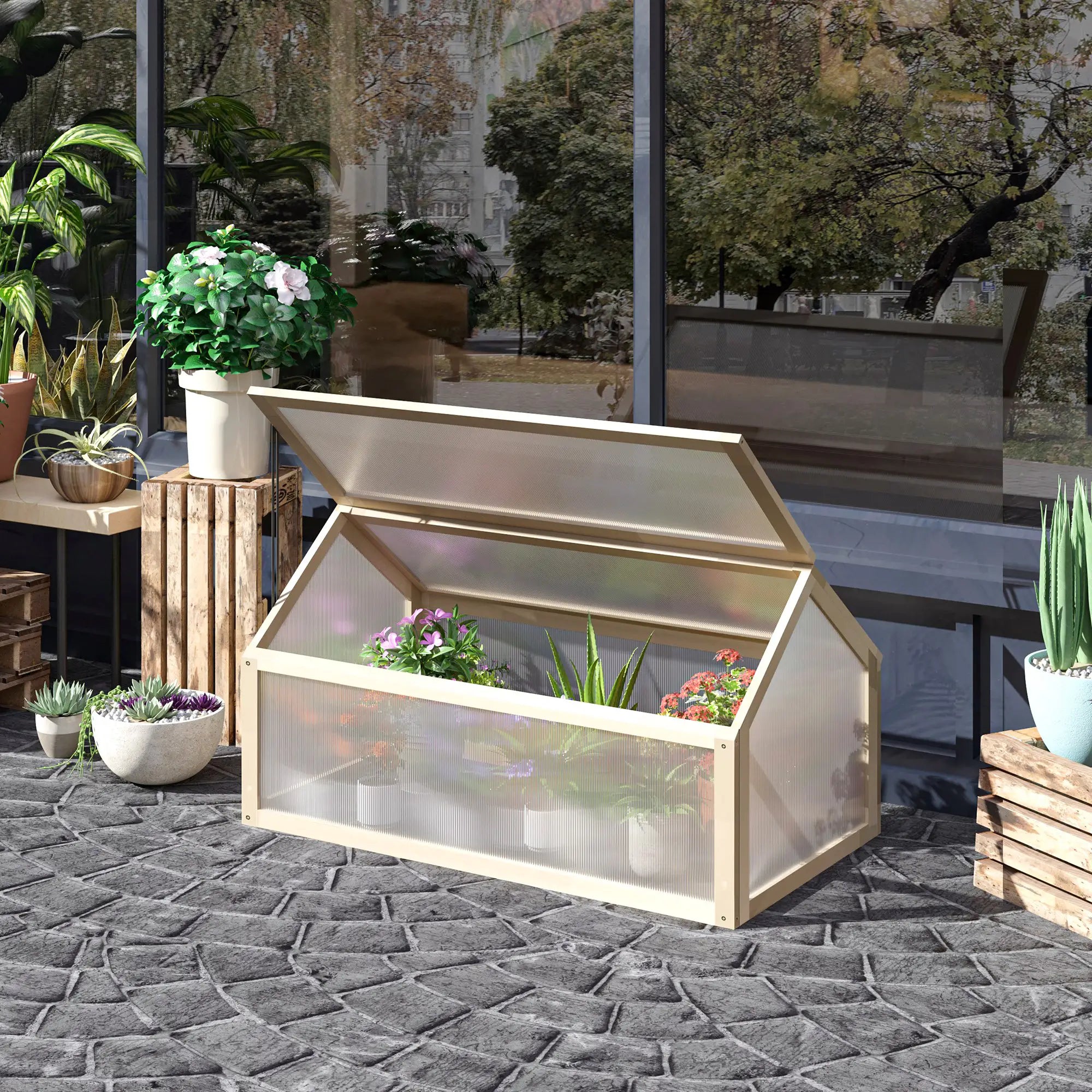 Wooden Cold Frame Greenhouse, Portable Raised Planter, Openable Top, 35.5