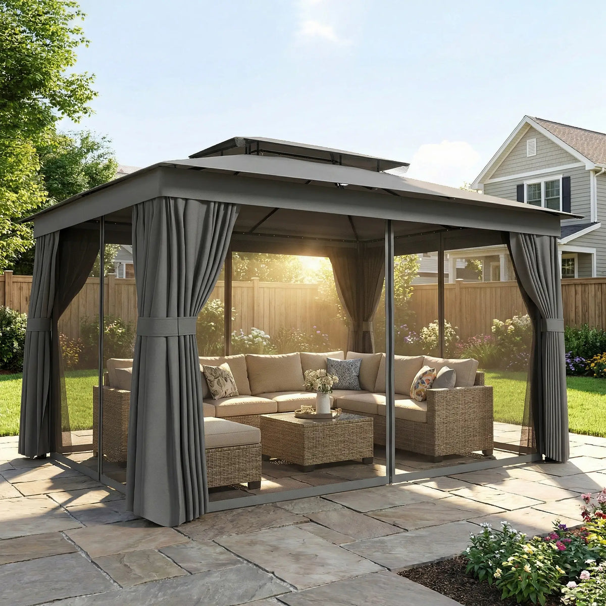 10' x 12.5' Gazebo, With Curtains, Netting, Double Roof, Dark Grey Gazebos at Gallery Canada