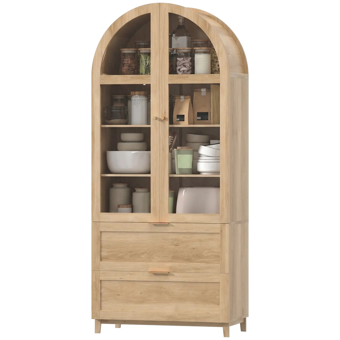 Arched Pantry Cabinet 71" Tall Oak, 2 Drawers, Oak