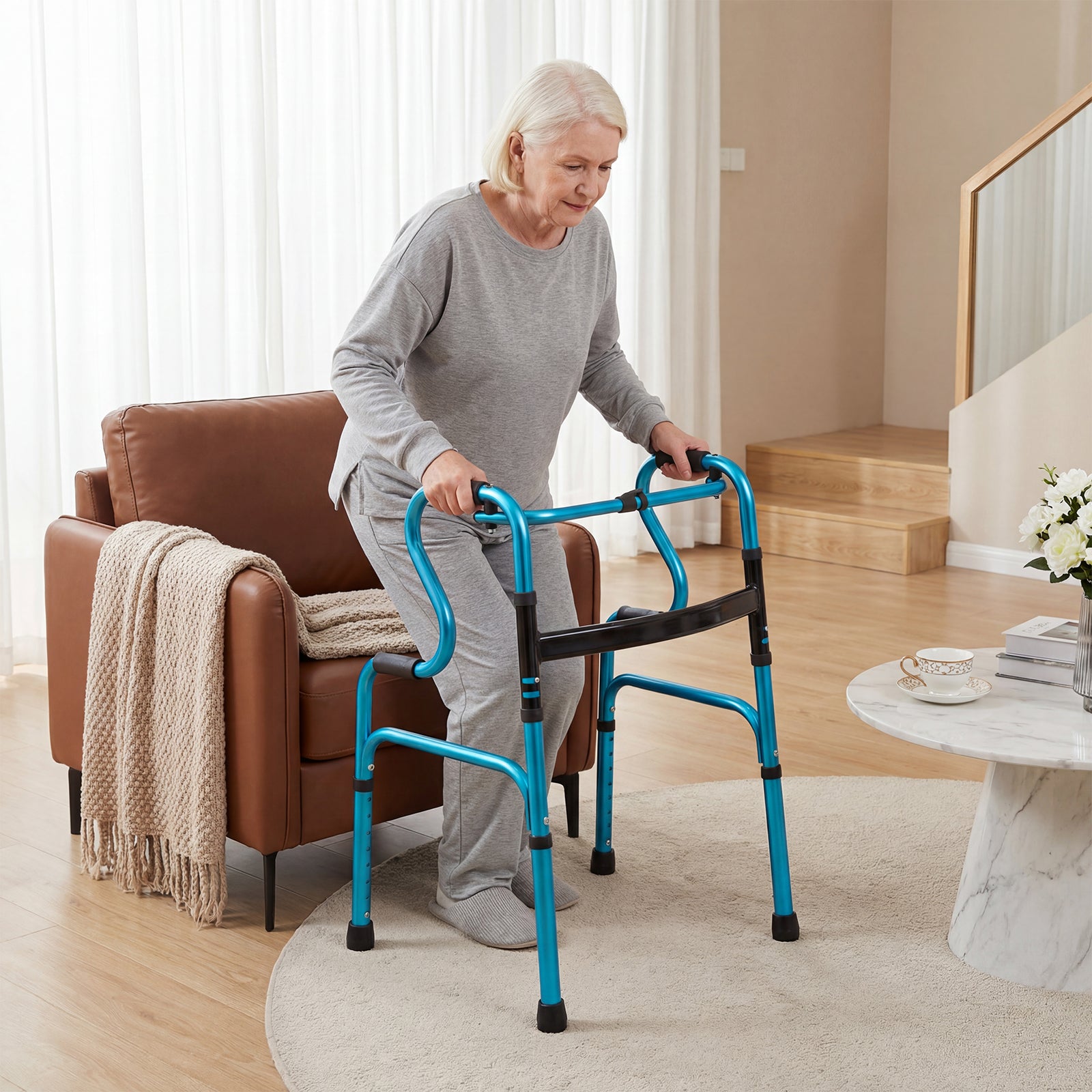 Folding Aluminum Walker, One-Button Fold, Navy Walkers & Rollators at Gallery Canada