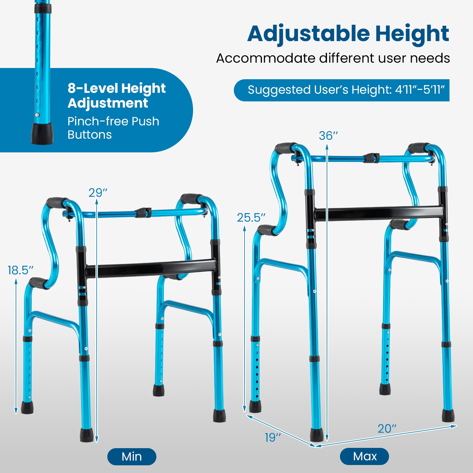 Folding Aluminum Walker, One-Button Fold, Navy Walkers & Rollators at Gallery Canada