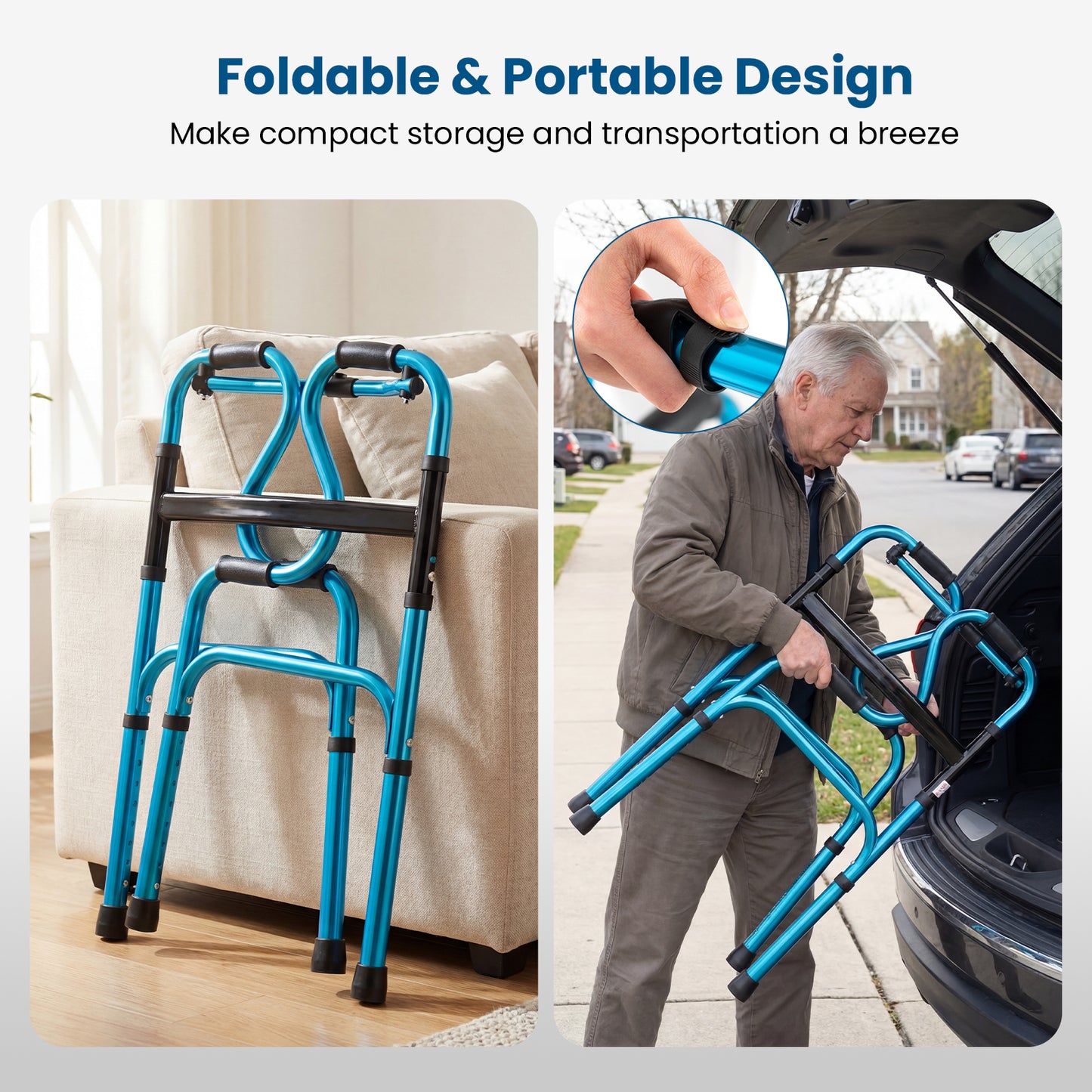 Folding Aluminum Walker, One-Button Fold, Navy Walkers & Rollators at Gallery Canada