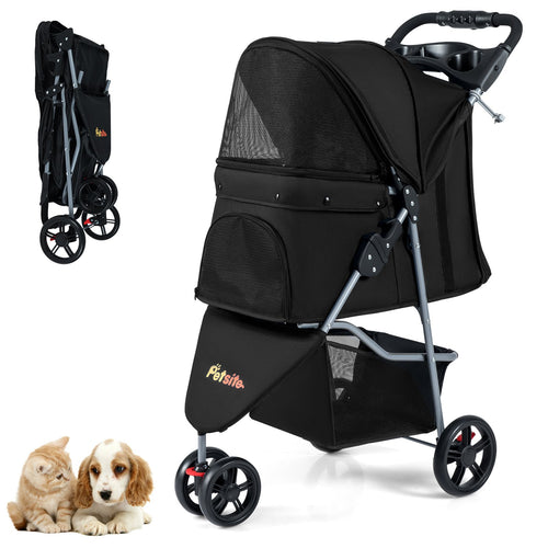 One-Click Folding Pet Stroller Lightweight Cat Strolling Cart with Adjustable Canopy, Black