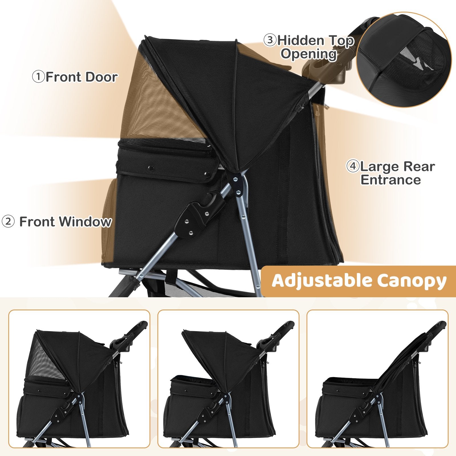 One-Click Folding Pet Stroller Lightweight Cat Strolling Cart with Adjustable Canopy, Black Dog Supplies at Gallery Canada