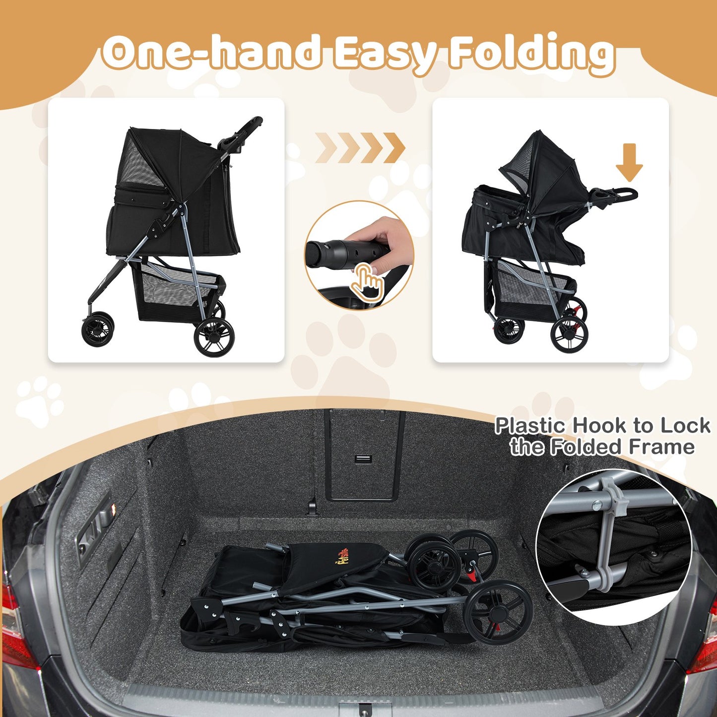 One-Click Folding Pet Stroller Lightweight Cat Strolling Cart with Adjustable Canopy, Black Dog Supplies at Gallery Canada