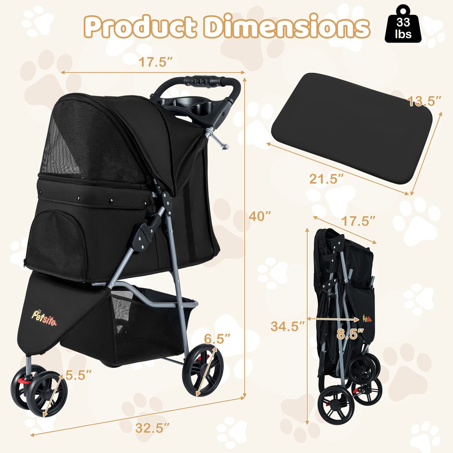 One-Click Folding Pet Stroller Lightweight Cat Strolling Cart with Adjustable Canopy, Black Dog Supplies at Gallery Canada