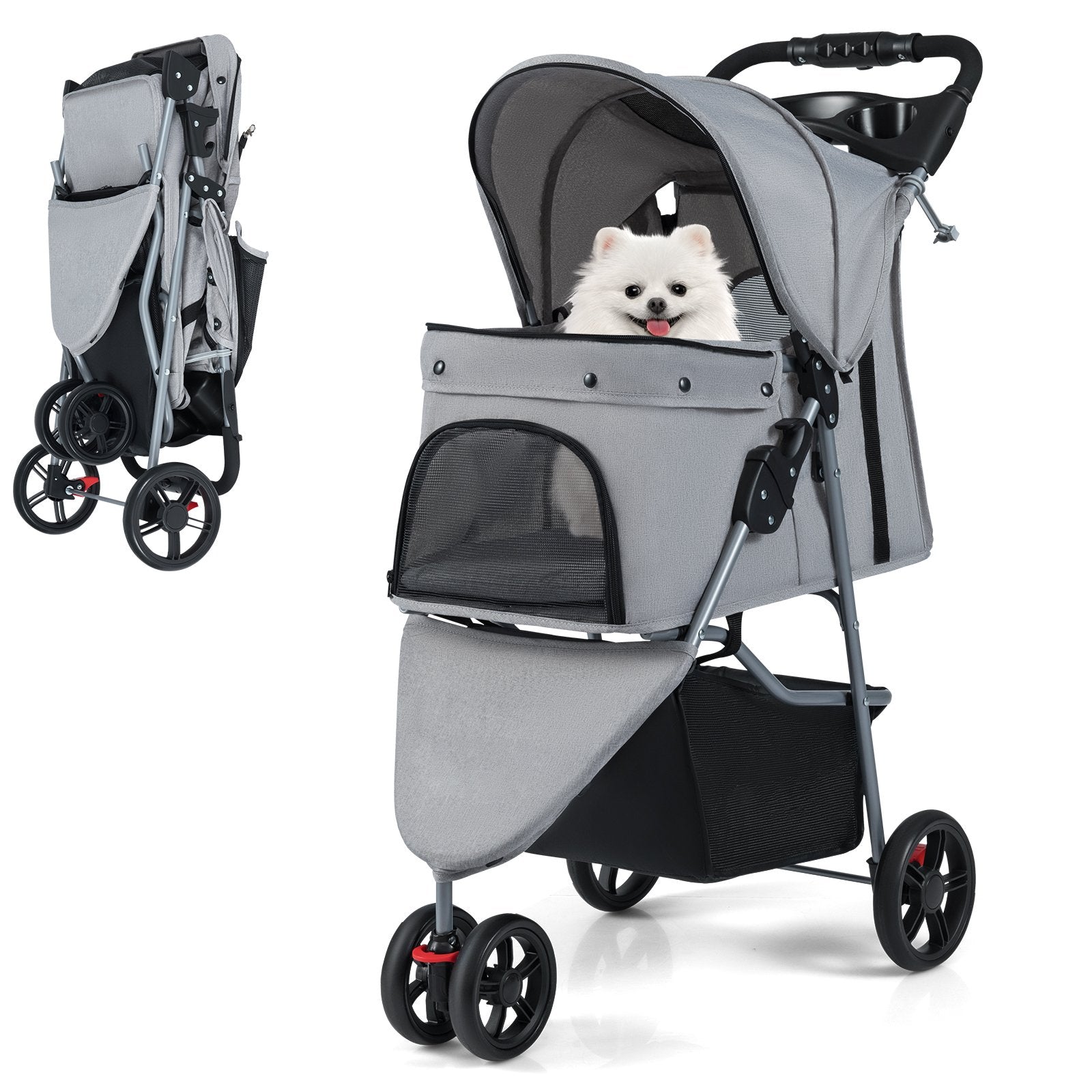 One-Click Folding Pet Stroller Lightweight Cat Strolling Cart with Adjustable Canopy, Gray Dog Supplies at Gallery Canada