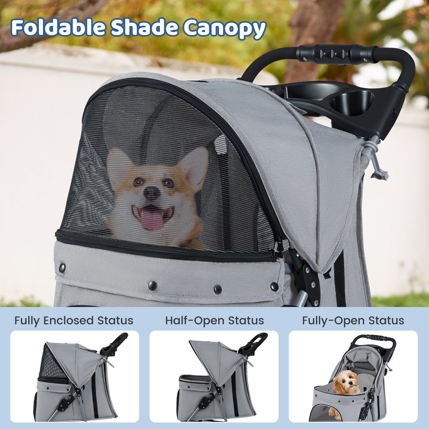 One-Click Folding Pet Stroller Lightweight Cat Strolling Cart with Adjustable Canopy, Gray Dog Supplies at Gallery Canada