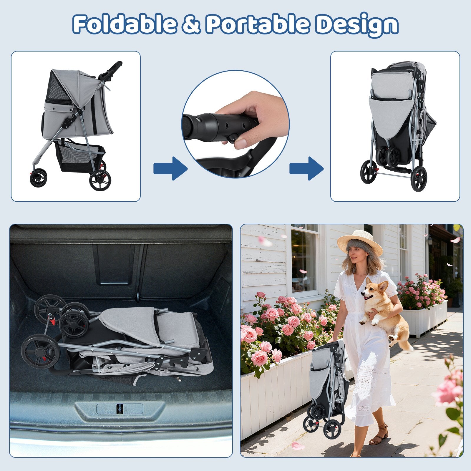 One-Click Folding Pet Stroller Lightweight Cat Strolling Cart with Adjustable Canopy, Gray Dog Supplies at Gallery Canada