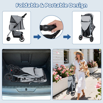 One-Click Folding Pet Stroller Lightweight Cat Strolling Cart with Adjustable Canopy, Gray Dog Supplies at Gallery Canada