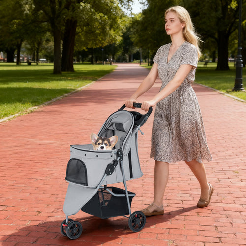 One-Click Folding Pet Stroller Lightweight Cat Strolling Cart with Adjustable Canopy, Gray