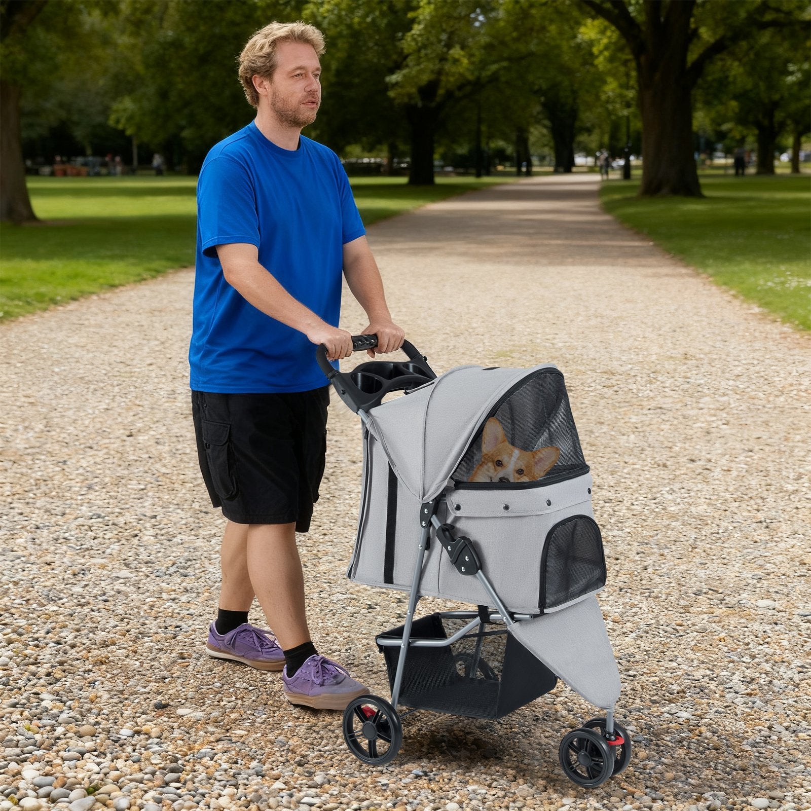 One-Click Folding Pet Stroller Lightweight Cat Strolling Cart with Adjustable Canopy, Gray Dog Supplies at Gallery Canada