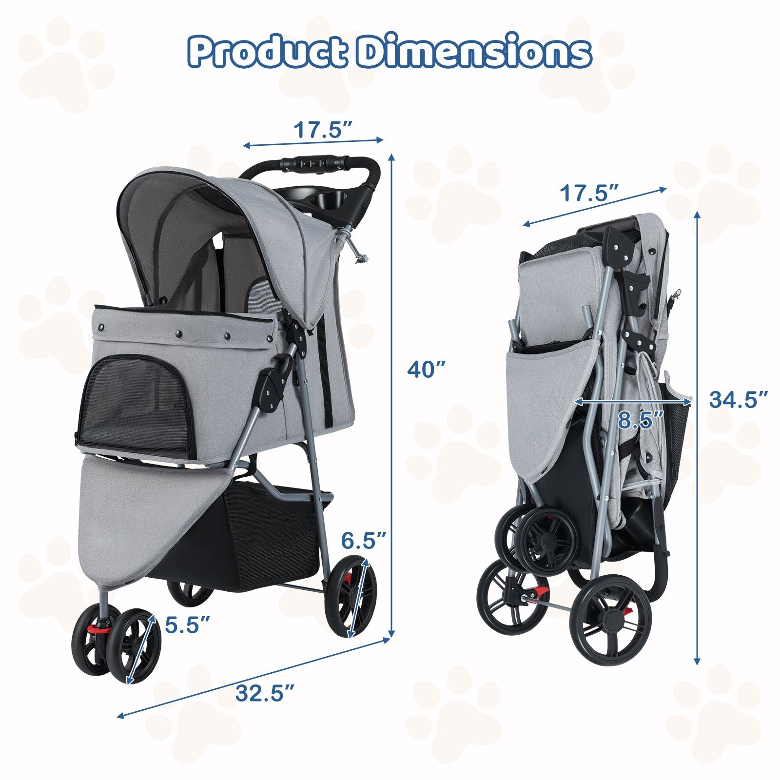 One-Click Folding Pet Stroller Lightweight Cat Strolling Cart with Adjustable Canopy, Gray Dog Supplies at Gallery Canada