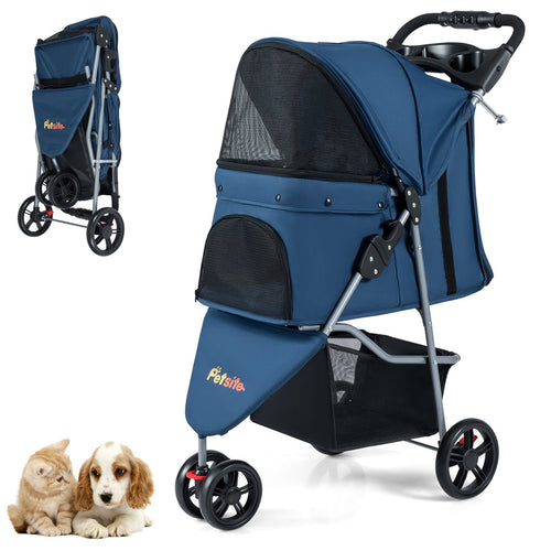 One-Click Folding Pet Stroller Lightweight Cat Strolling Cart with Adjustable Canopy, Navy