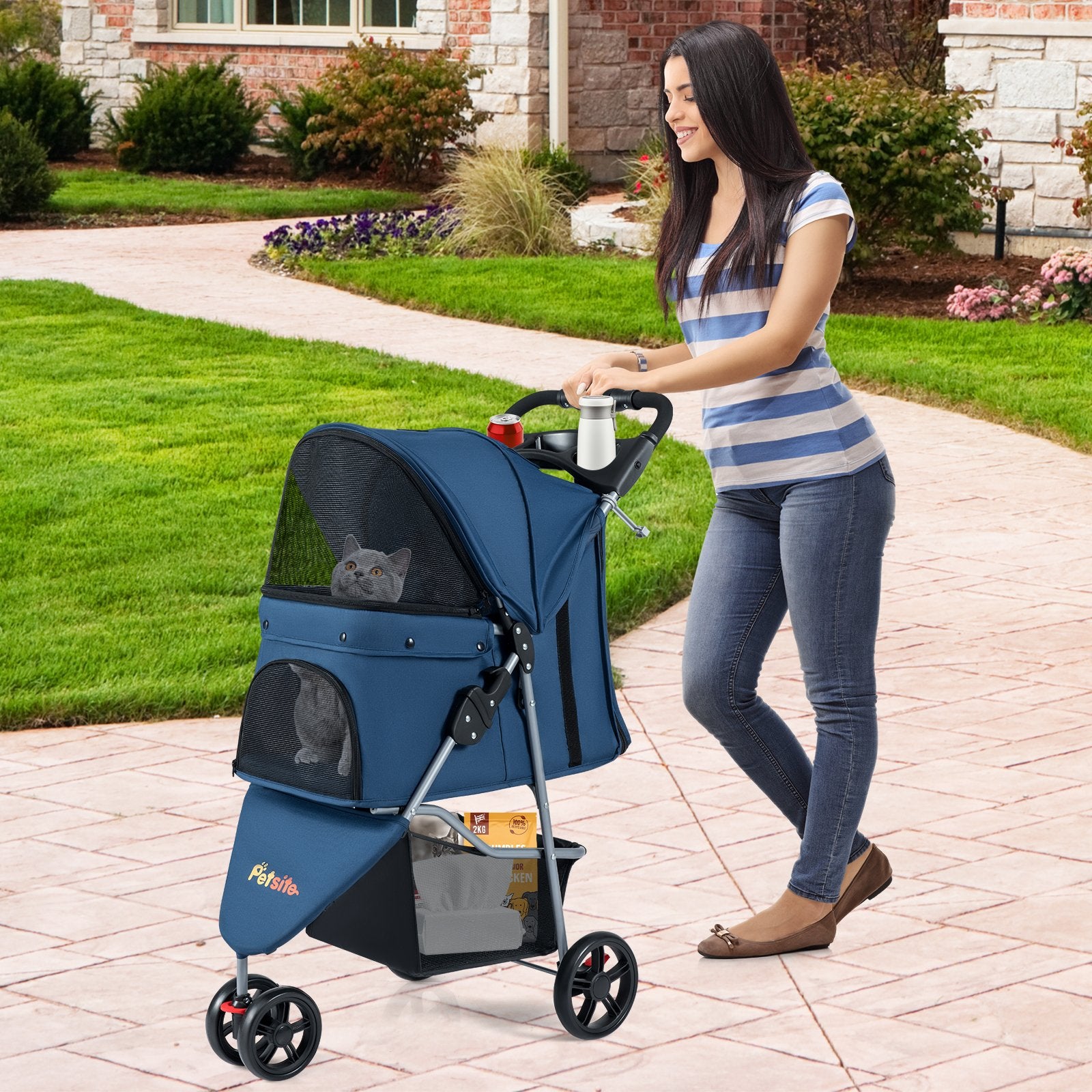 One-Click Folding Pet Stroller Lightweight Cat Strolling Cart with Adjustable Canopy, Navy Dog Supplies at Gallery Canada