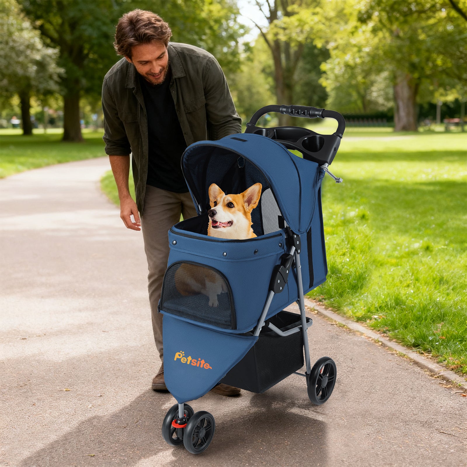 One-Click Folding Pet Stroller Lightweight Cat Strolling Cart with Adjustable Canopy, Navy Dog Supplies at Gallery Canada
