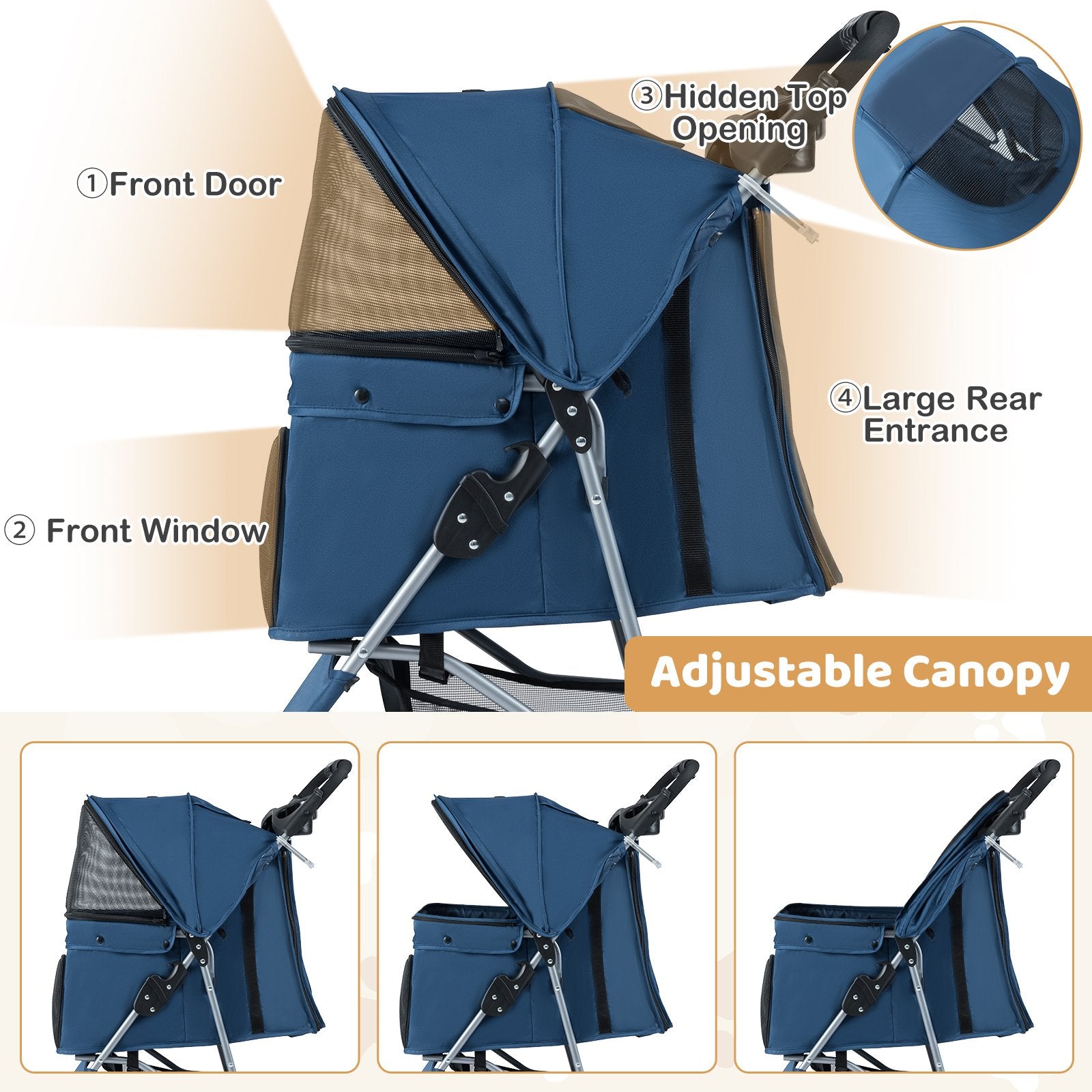 One-Click Folding Pet Stroller Lightweight Cat Strolling Cart with Adjustable Canopy, Navy Dog Supplies at Gallery Canada