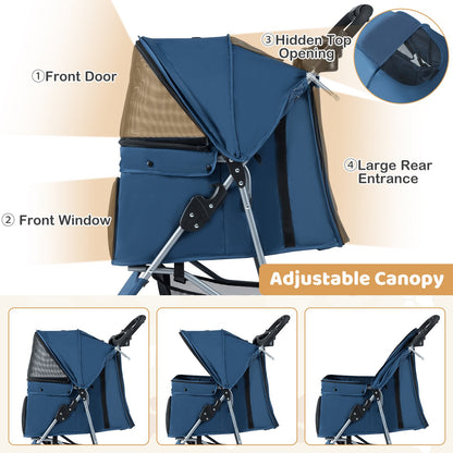 One-Click Folding Pet Stroller Lightweight Cat Strolling Cart with Adjustable Canopy, Navy Dog Supplies at Gallery Canada