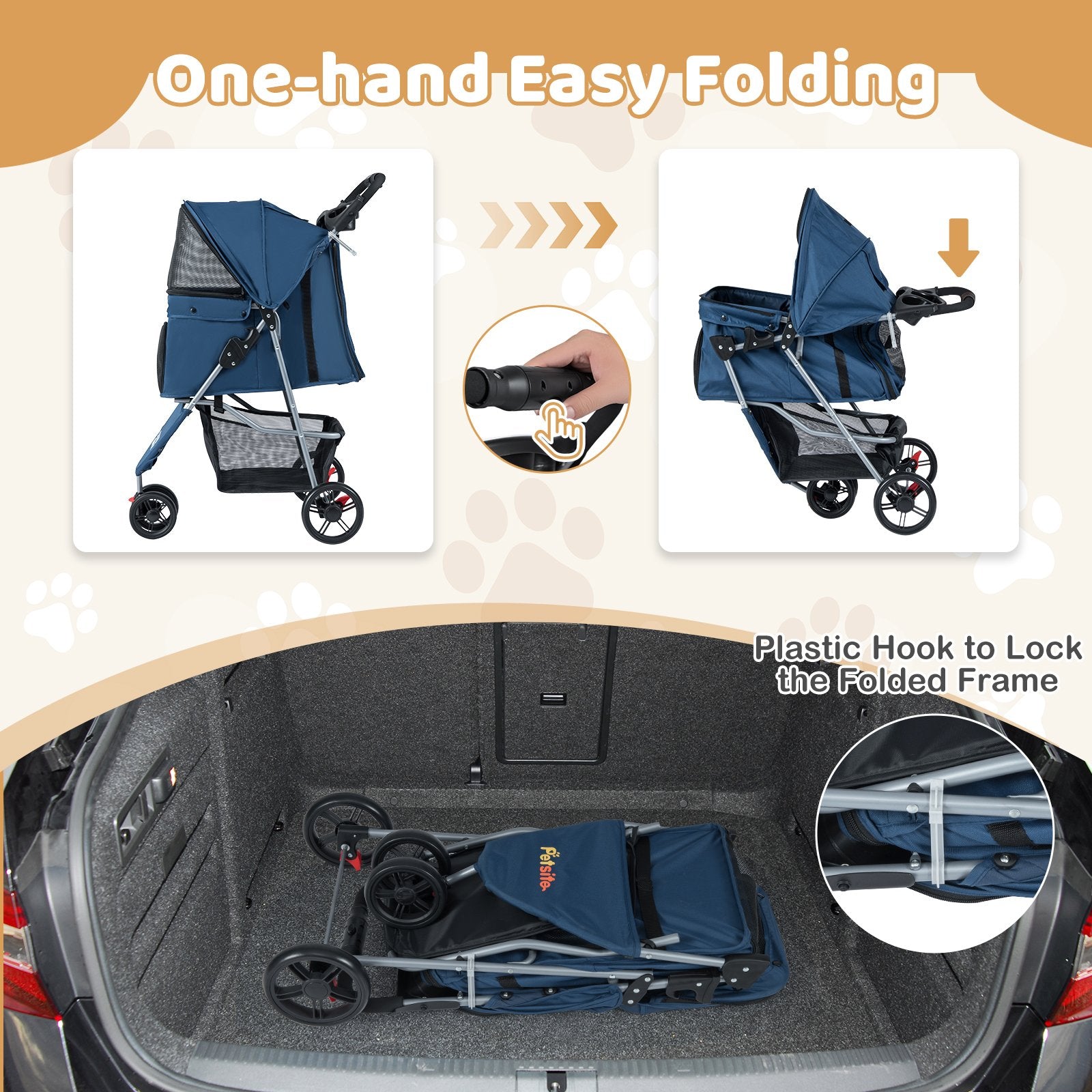 One-Click Folding Pet Stroller Lightweight Cat Strolling Cart with Adjustable Canopy, Navy Dog Supplies at Gallery Canada