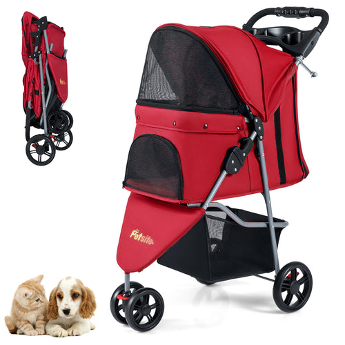Folding Pet Stroller, Adjustable Canopy, Red