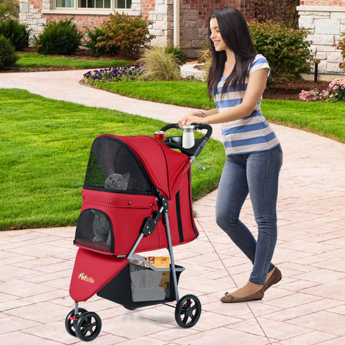 One-Click Folding Pet Stroller Lightweight Cat Strolling Cart with Adjustable Canopy, Red