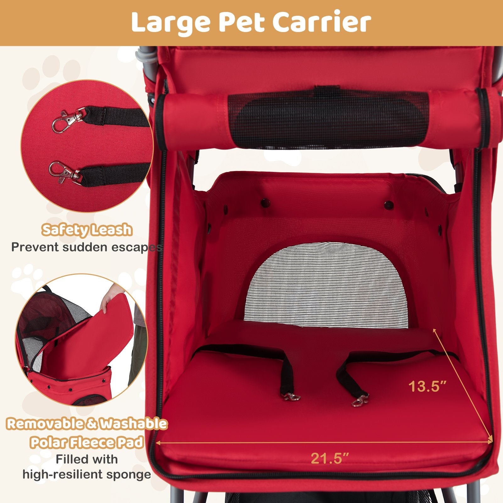 One-Click Folding Pet Stroller Lightweight Cat Strolling Cart with Adjustable Canopy, Red Dog Supplies at Gallery Canada