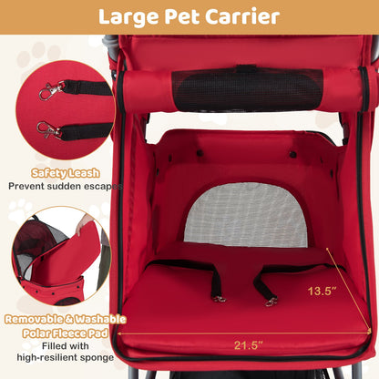 One-Click Folding Pet Stroller Lightweight Cat Strolling Cart with Adjustable Canopy, Red Dog Supplies at Gallery Canada