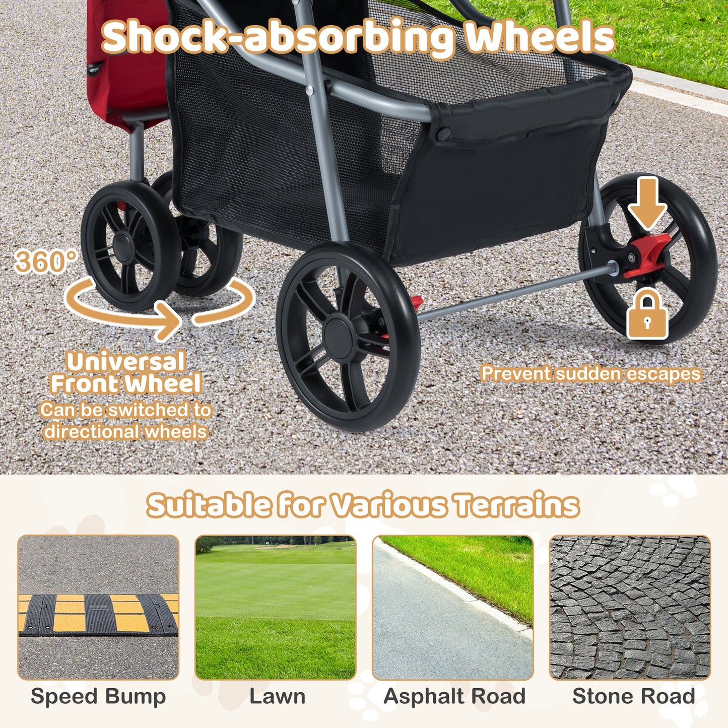 One-Click Folding Pet Stroller Lightweight Cat Strolling Cart with Adjustable Canopy, Red Dog Supplies at Gallery Canada