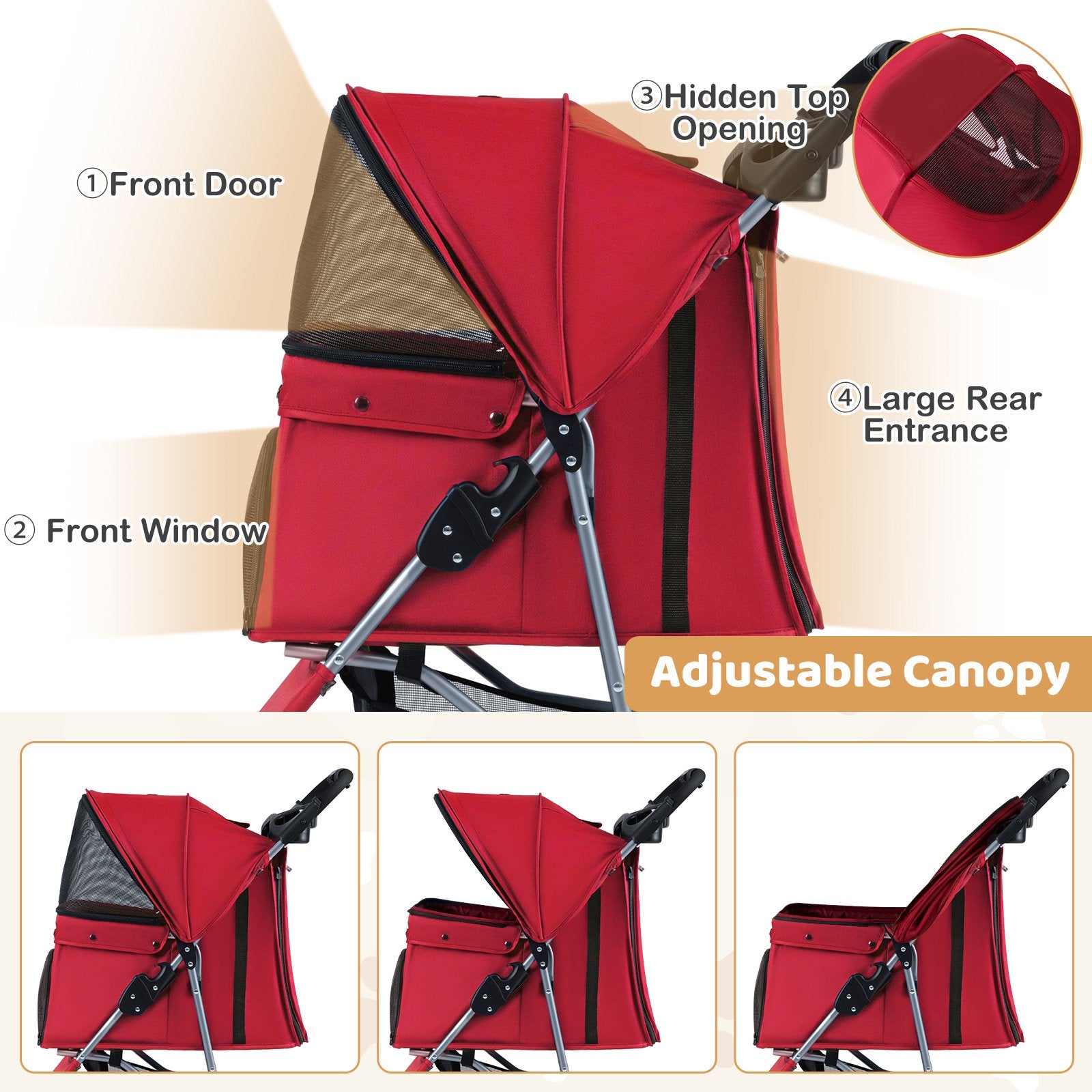One-Click Folding Pet Stroller Lightweight Cat Strolling Cart with Adjustable Canopy, Red Dog Supplies at Gallery Canada