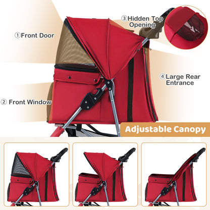One-Click Folding Pet Stroller Lightweight Cat Strolling Cart with Adjustable Canopy, Red Dog Supplies at Gallery Canada