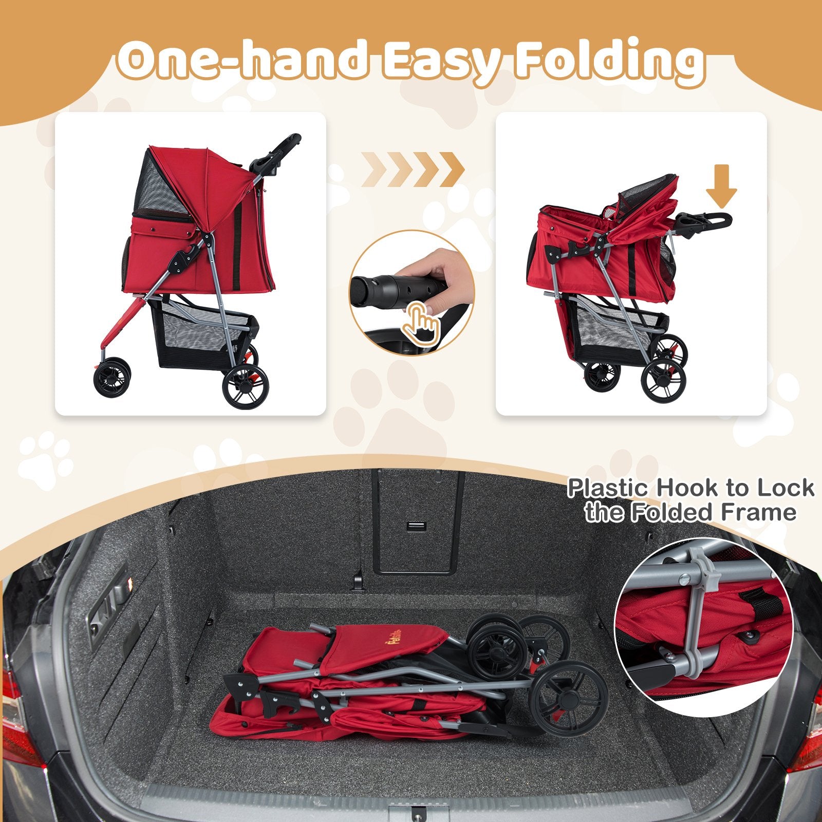 One-Click Folding Pet Stroller Lightweight Cat Strolling Cart with Adjustable Canopy, Red Dog Supplies at Gallery Canada