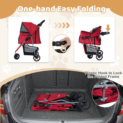 One-Click Folding Pet Stroller Lightweight Cat Strolling Cart with Adjustable Canopy, Red Dog Supplies at Gallery Canada