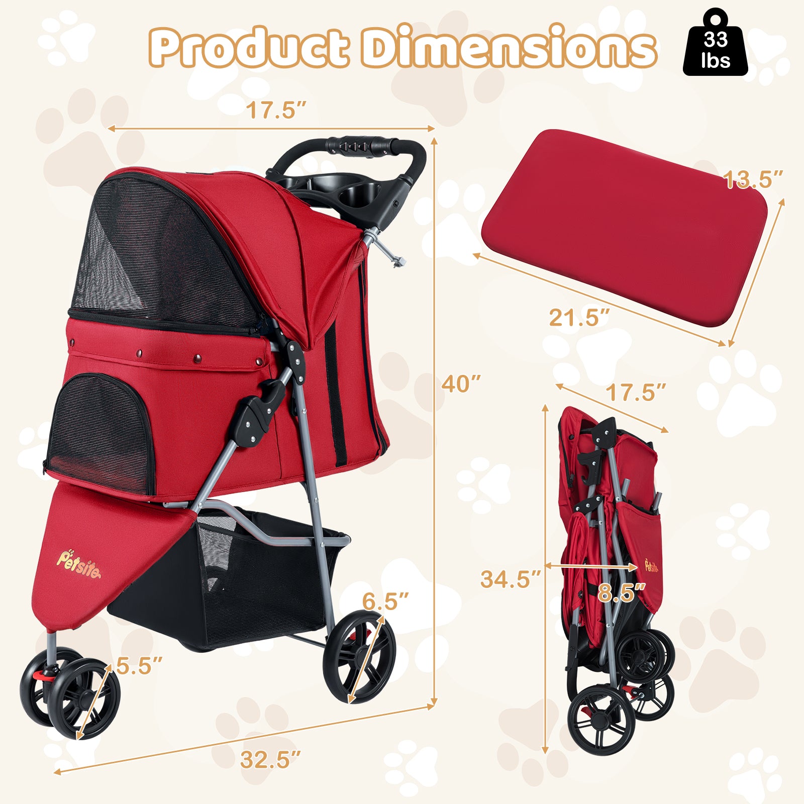 One-Click Folding Pet Stroller Lightweight Cat Strolling Cart with Adjustable Canopy, Red Dog Supplies at Gallery Canada