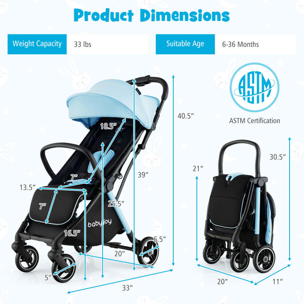 Lightweight One-Hand Folding Baby Stroller, Aluminum Frame, Blue