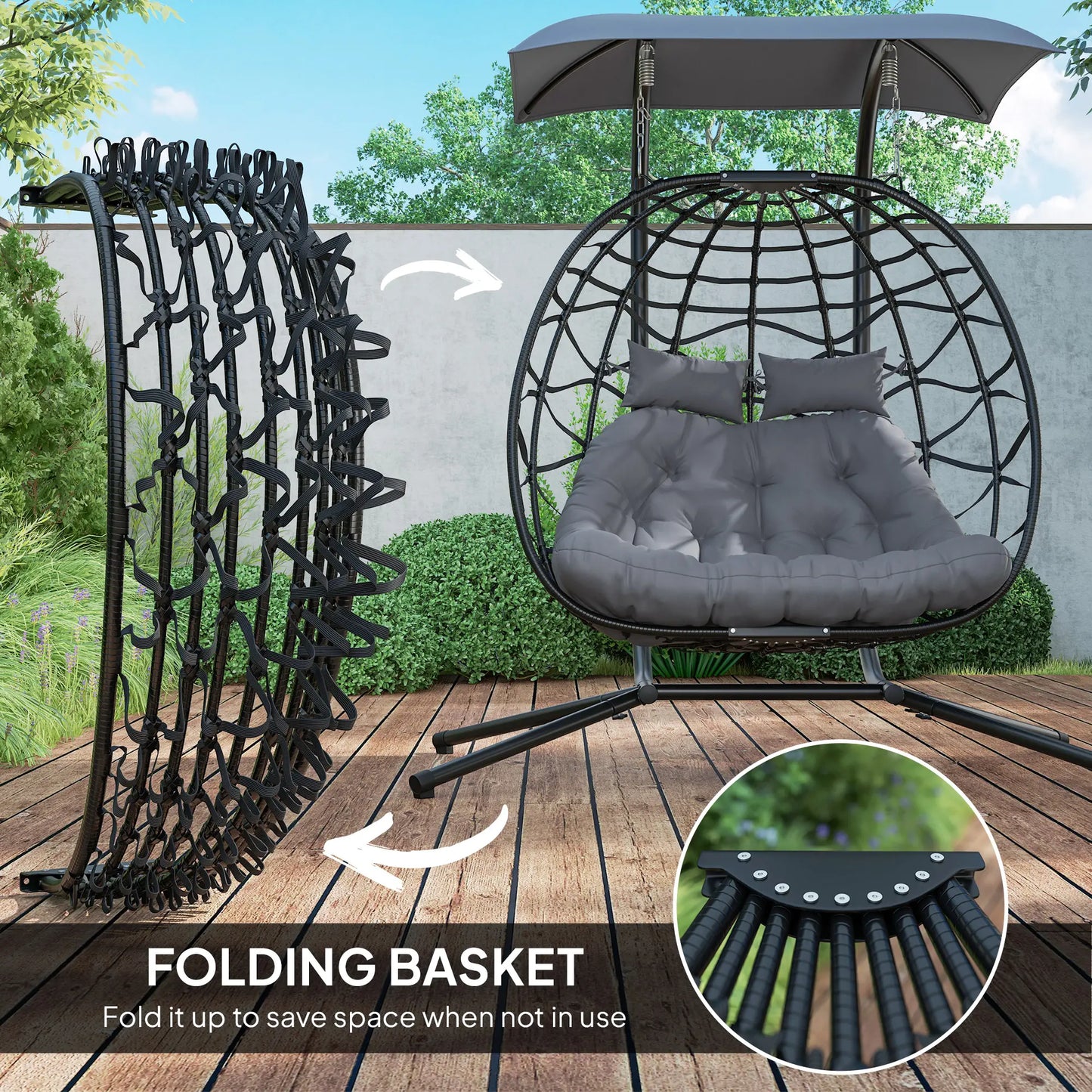 Double Wicker Egg Swing Chair, Foldable with Stand, Black Patio Swings with Stand at Gallery Canada