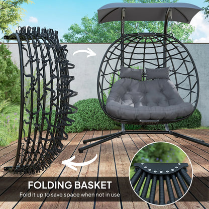 Double Wicker Egg Swing Chair, Foldable with Stand, Black Patio Swings with Stand at Gallery Canada
