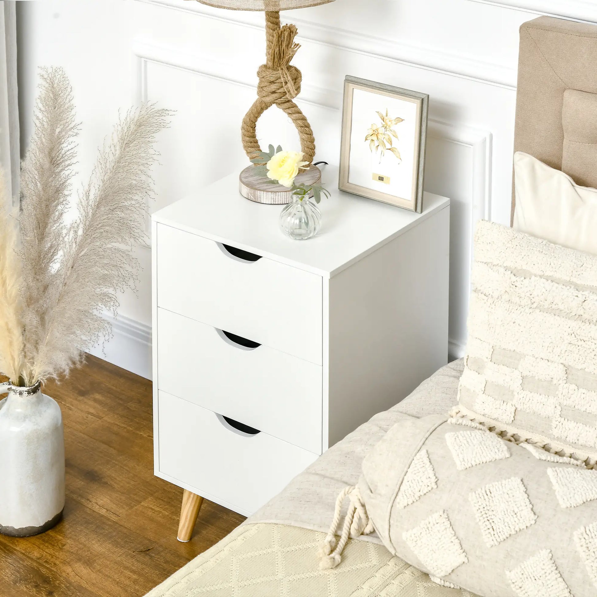Modern Nightstand, 3 Drawers, Wood Legs, White Bedside Tables at Gallery Canada