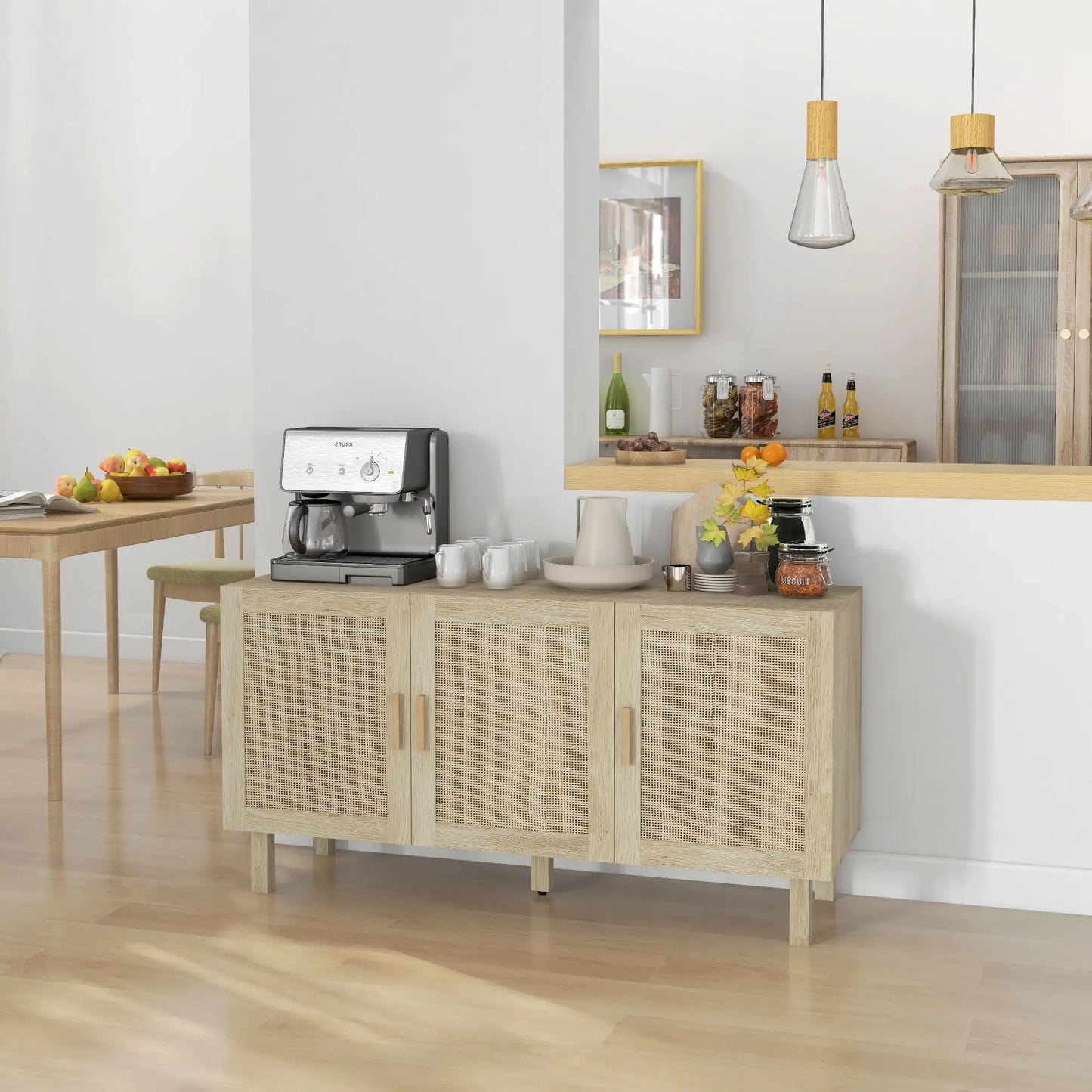 Boho Sideboard Buffet, 3 Rattan Doors, Adjustable Shelves, Natural Storage Cabinets at Gallery Canada