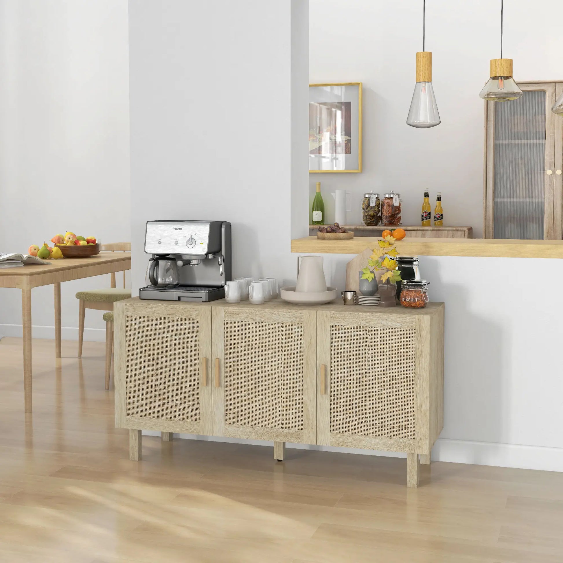 Boho Sideboard Buffet, 3 Rattan Doors, Adjustable Shelves, Natural Storage Cabinets at Gallery Canada