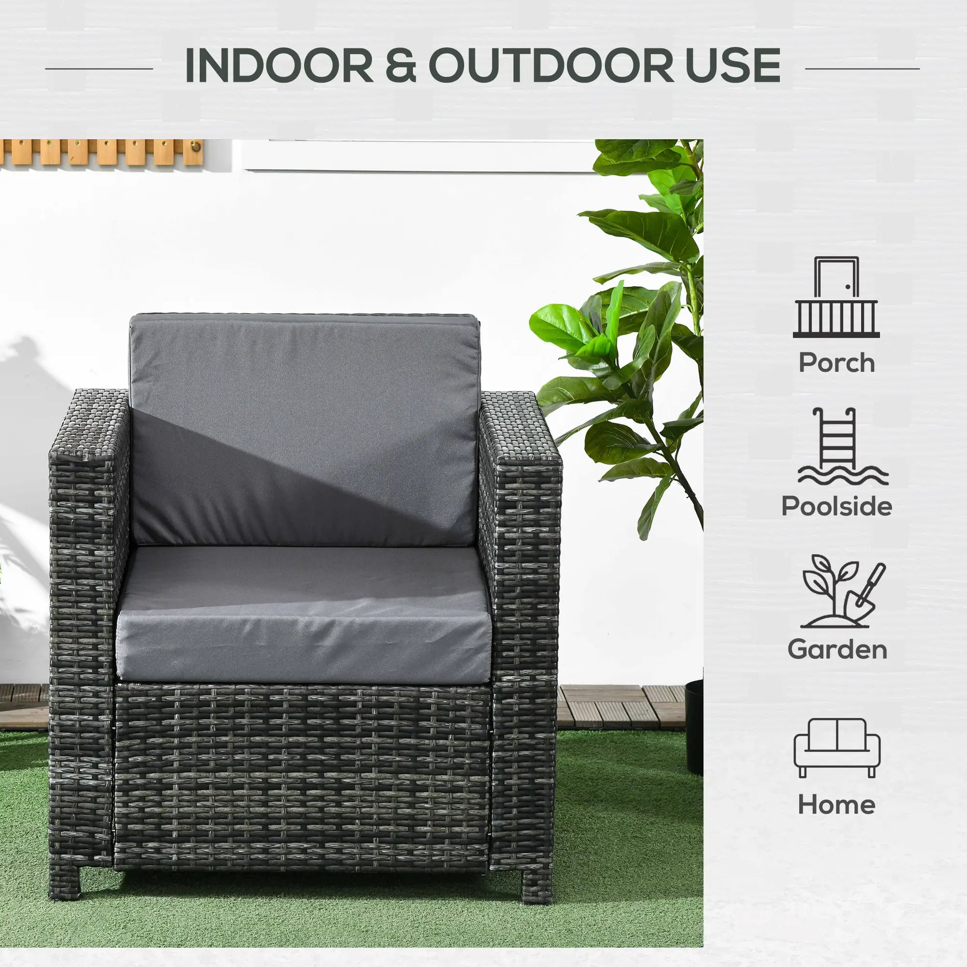 Outdoor Rattan Sofa, Patio Wicker Armchair with Cushions, Grey Patio Chairs at Gallery Canada