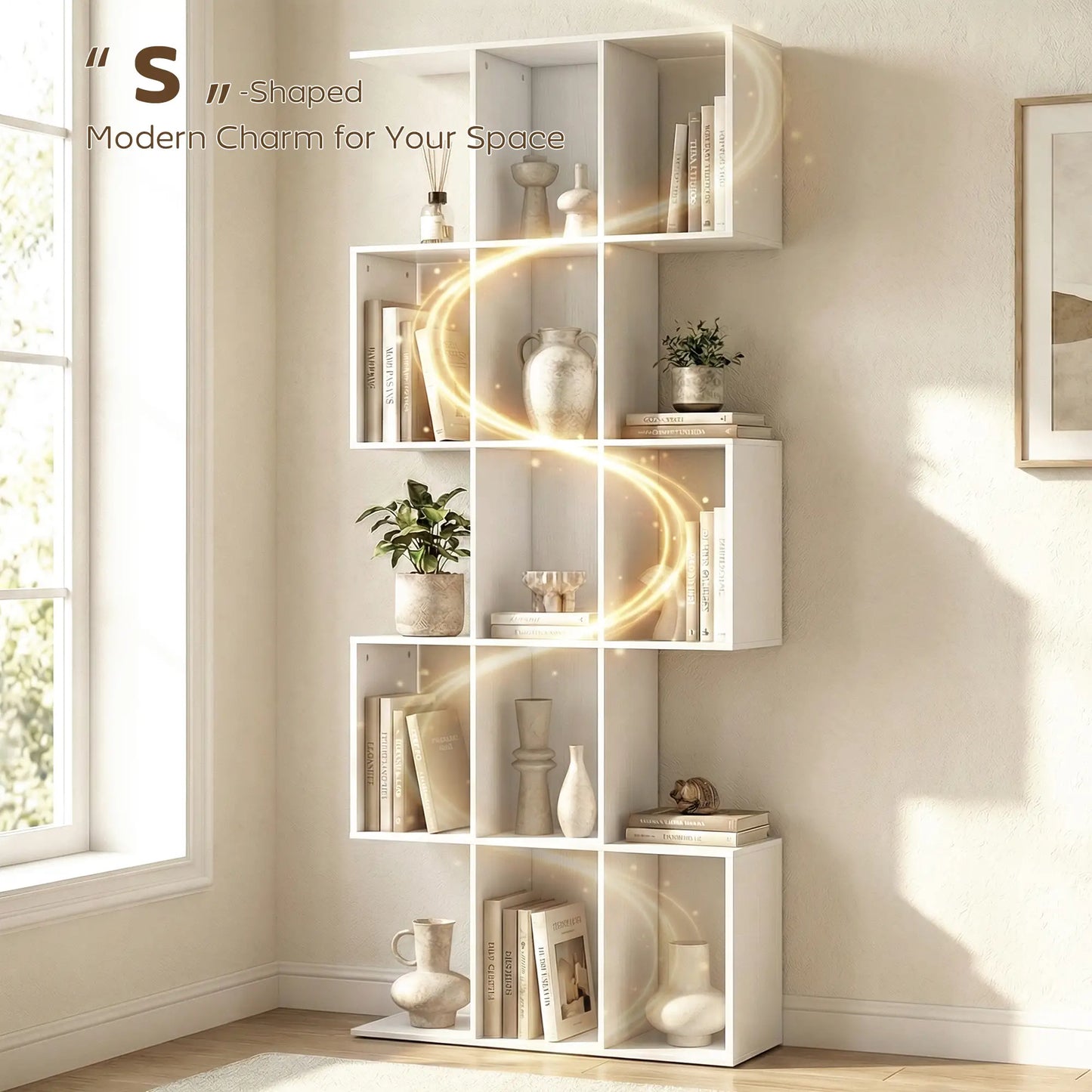 5-Tier Bookshelf, S Shaped Geometric Bookcase, White Wood Grain, White Display Bookshelves at Gallery Canada