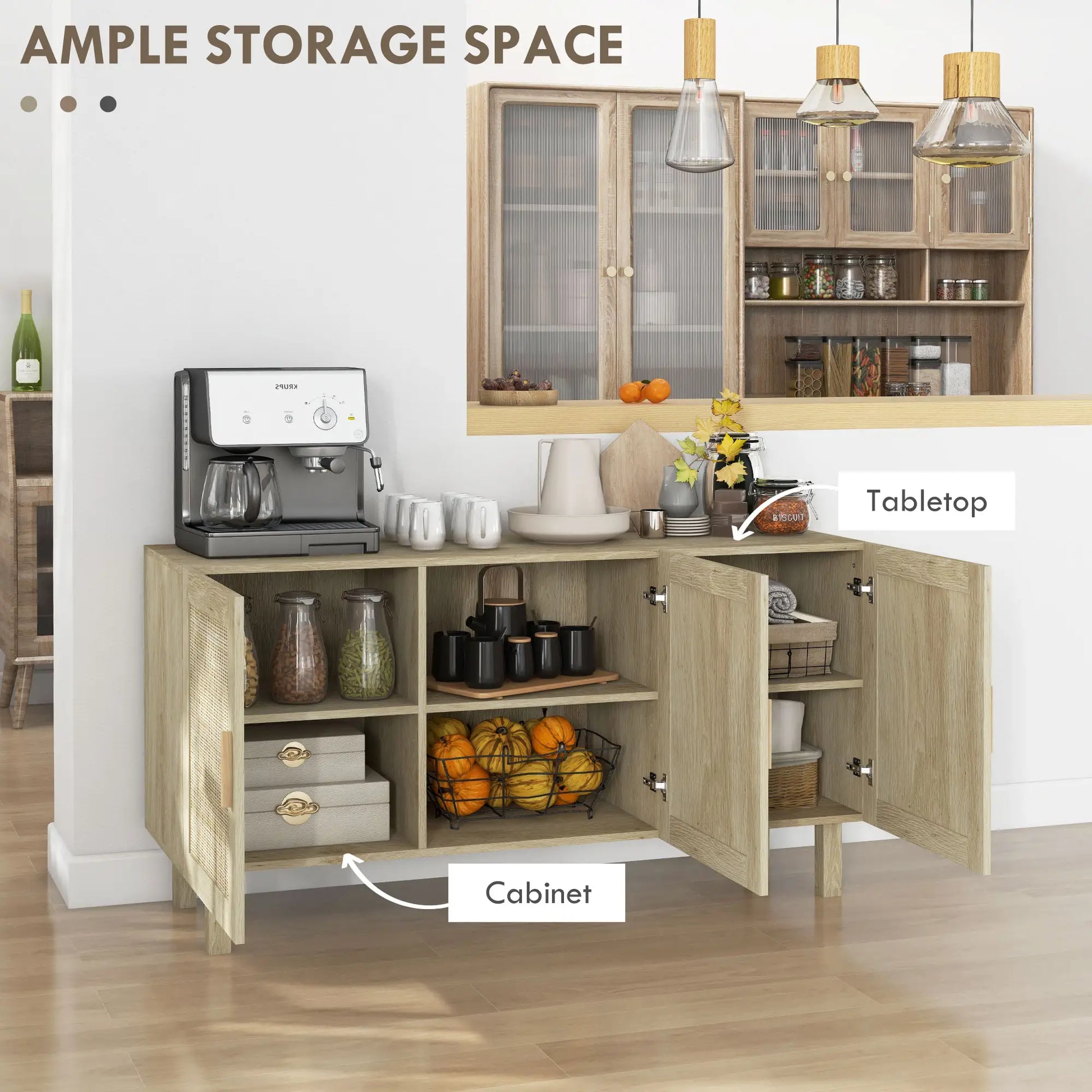 Boho Sideboard Buffet, 3 Rattan Doors, Adjustable Shelves, Natural Storage Cabinets at Gallery Canada