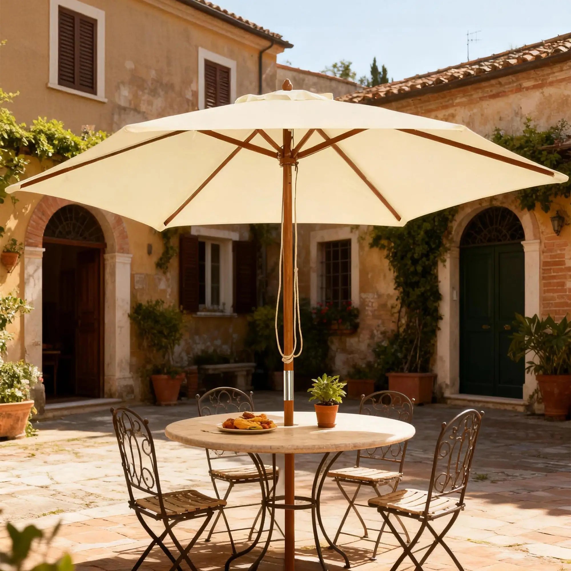 8FT Wood Market Umbrella, Round Garden Parasol, Bamboo Ribs, Cream White Sun Umbrellas at Gallery Canada