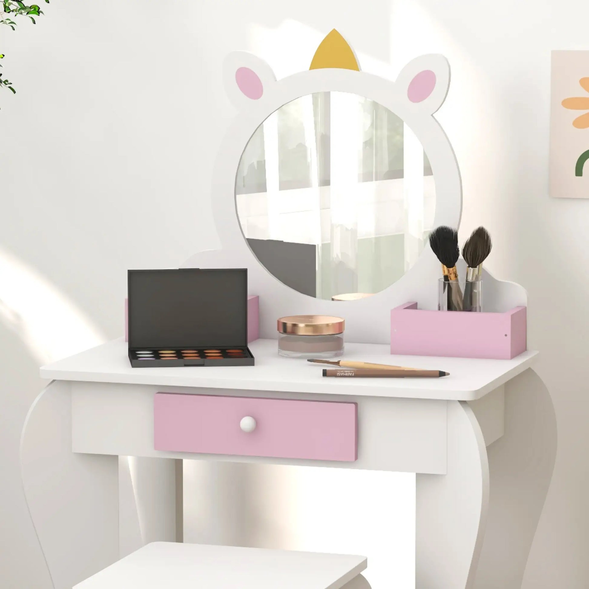 Kids Makeup Vanity Set with Stool, Mirror, Drawer, Unicorn Design, White Toy Vanity at Gallery Canada