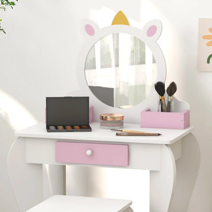Kids Makeup Vanity Set with Stool, Mirror, Drawer, Unicorn Design, White Toy Vanity at Gallery Canada