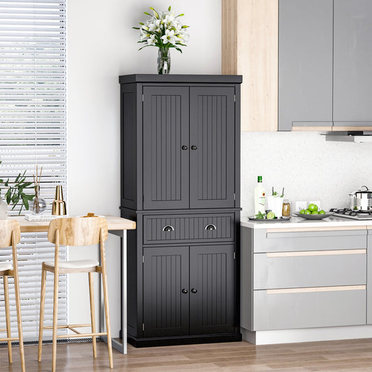 72" Kitchen Pantry, Freestanding Storage Cabinet, Traditional Cupboard with Drawer, Doors and Adjustable Shelves, Black - Gallery Canada