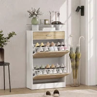 Armoire à chaussures fine, 2 tiroirs rabattables, étagères réglables, tiroir, plateau en verre