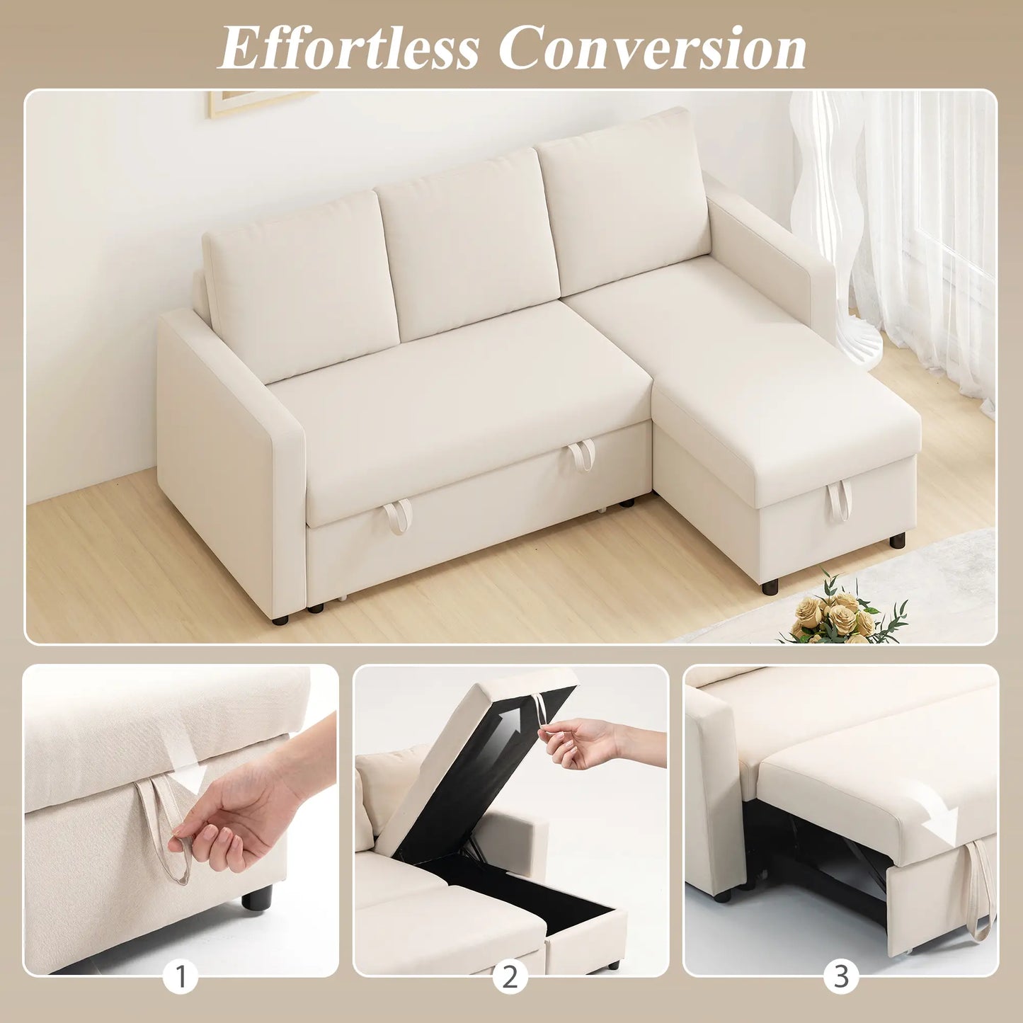 83" Sofa Bed, L Shaped Sectional Couch with Storage Chaise, Cream White