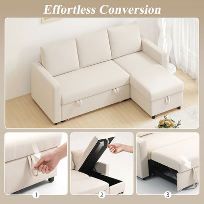 83" Sofa Bed, L Shaped Sectional Couch with Storage Chaise, Cream White